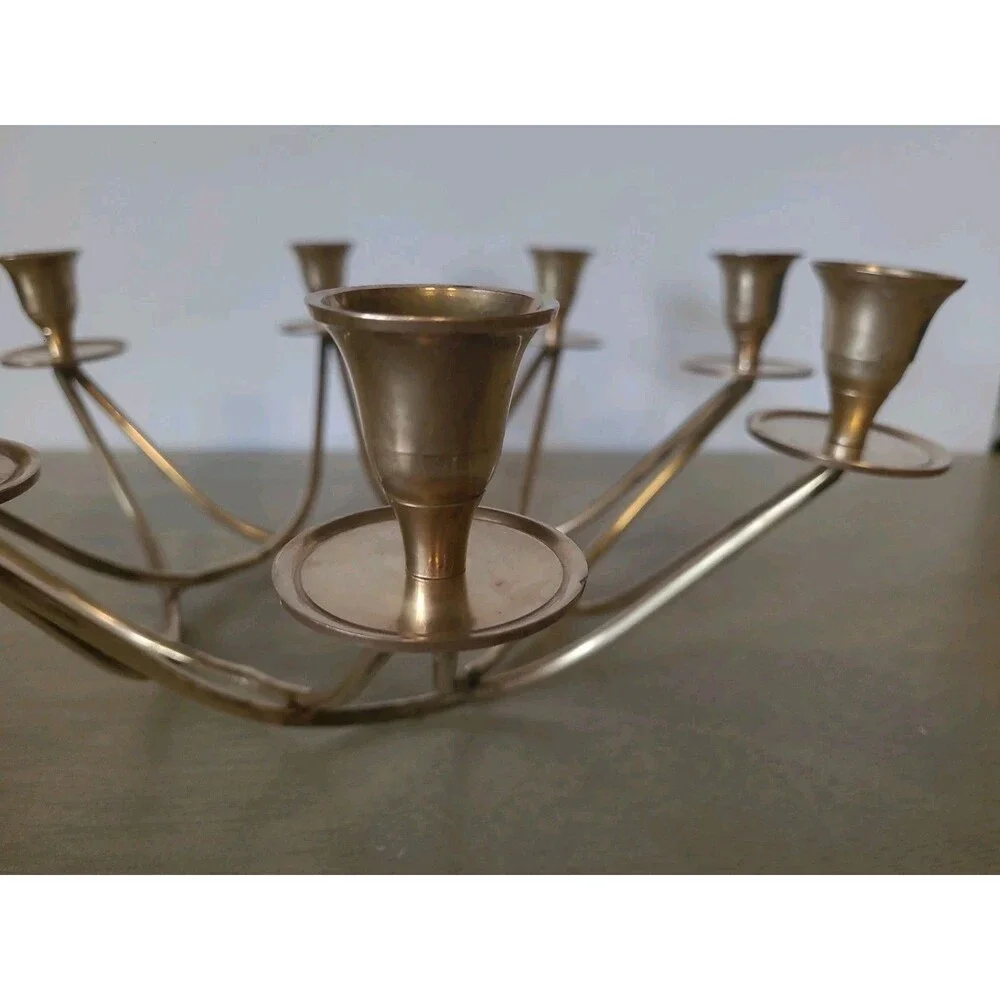 Vintage MCM Brass 8 Arm Cup Round Candelabra Circular Candle Holder 14